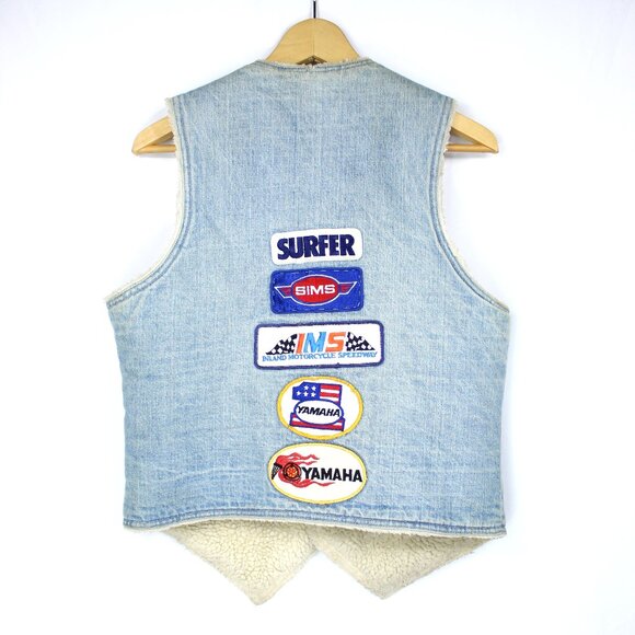 LEVI'S MEN'S DENIM BLUE JEAN VEST W/SHERPA & PATCHES VINTAGE 70-80'S SZ M GRUNGE - Picture 7 of 9